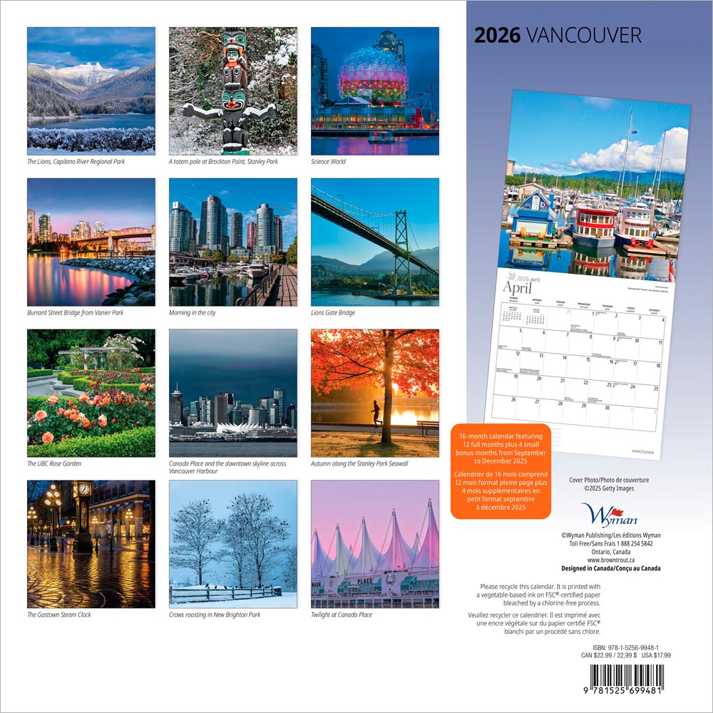 Vancouver | 2026 12 x 24 Inch (Hanging) Monthly Square Wall Calendar