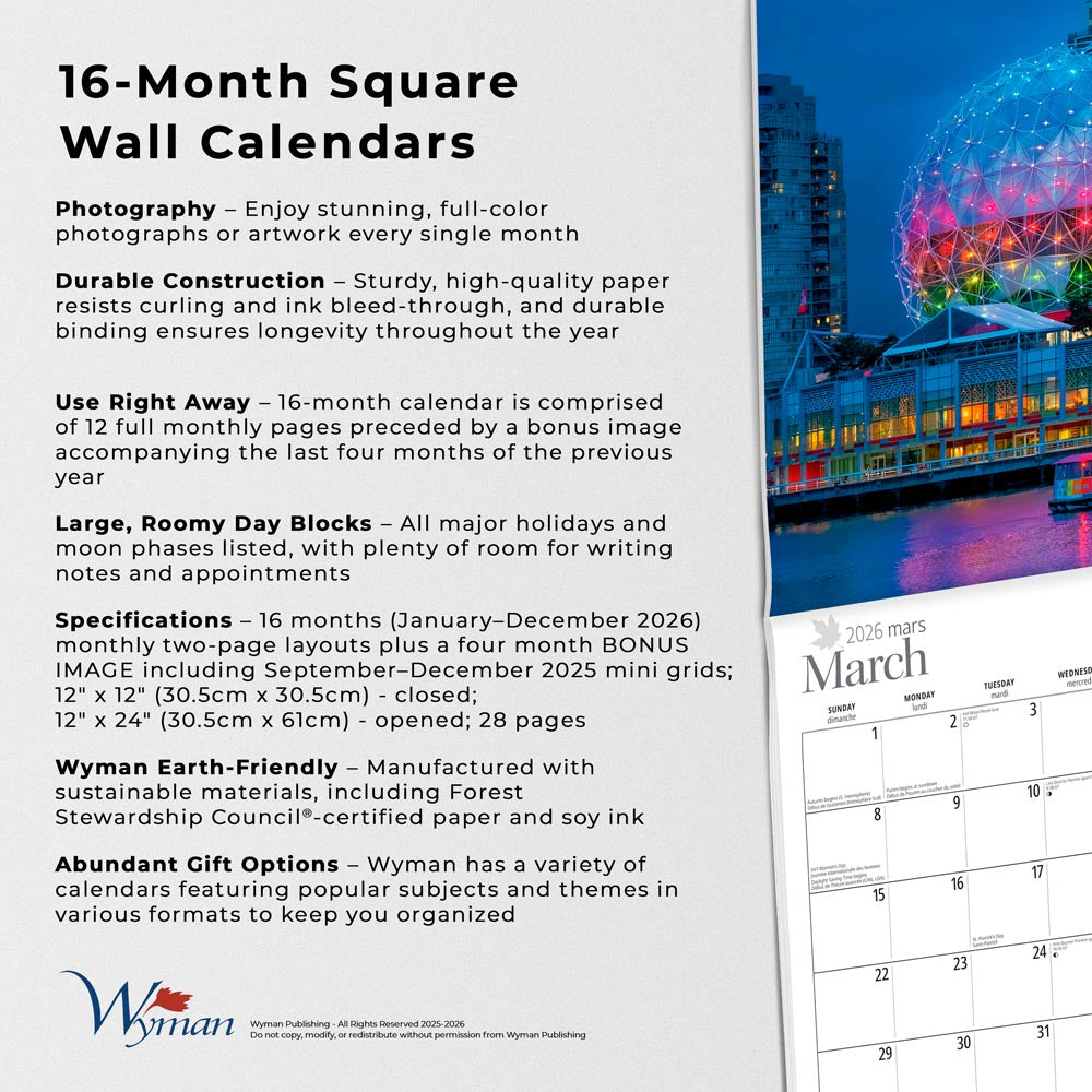 Vancouver | 2026 12 x 24 Inch (Hanging) Monthly Square Wall Calendar