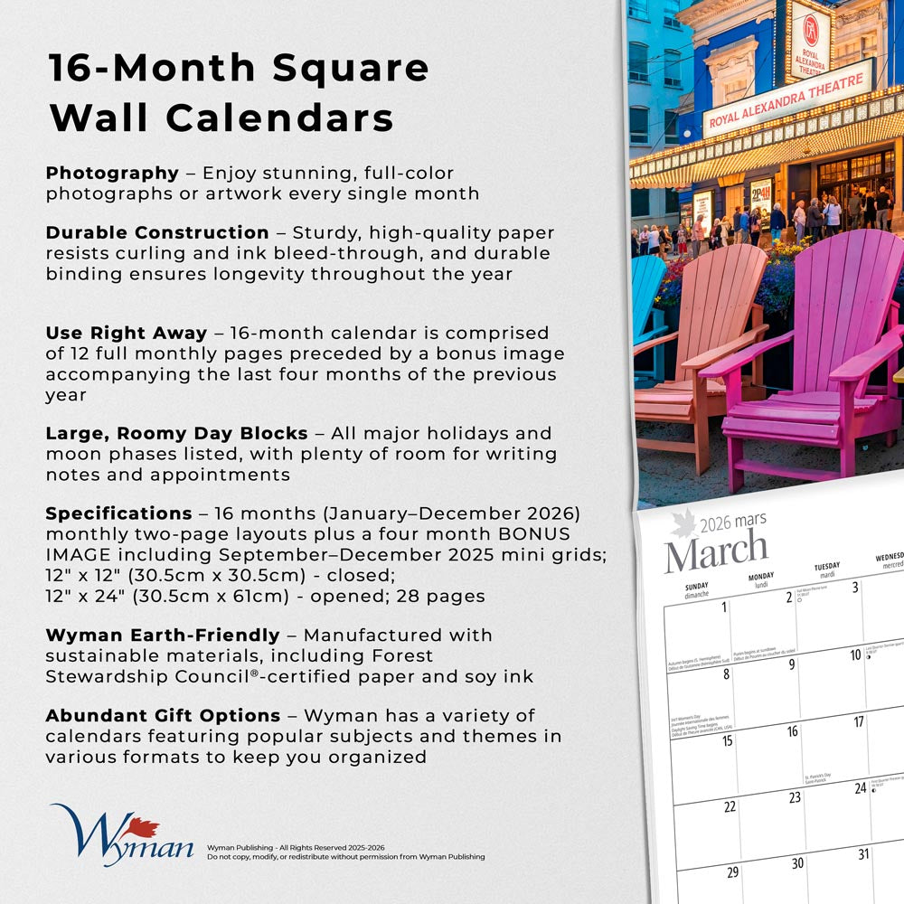 Toronto | 2026 12 x 24 Inch (Hanging) Monthly Square Wall Calendar