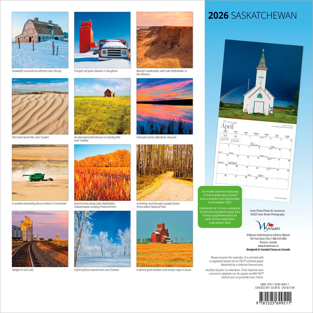 Saskatchewan | 2026 12 x 24 Inch (Hanging) Monthly Square Wall Calendar