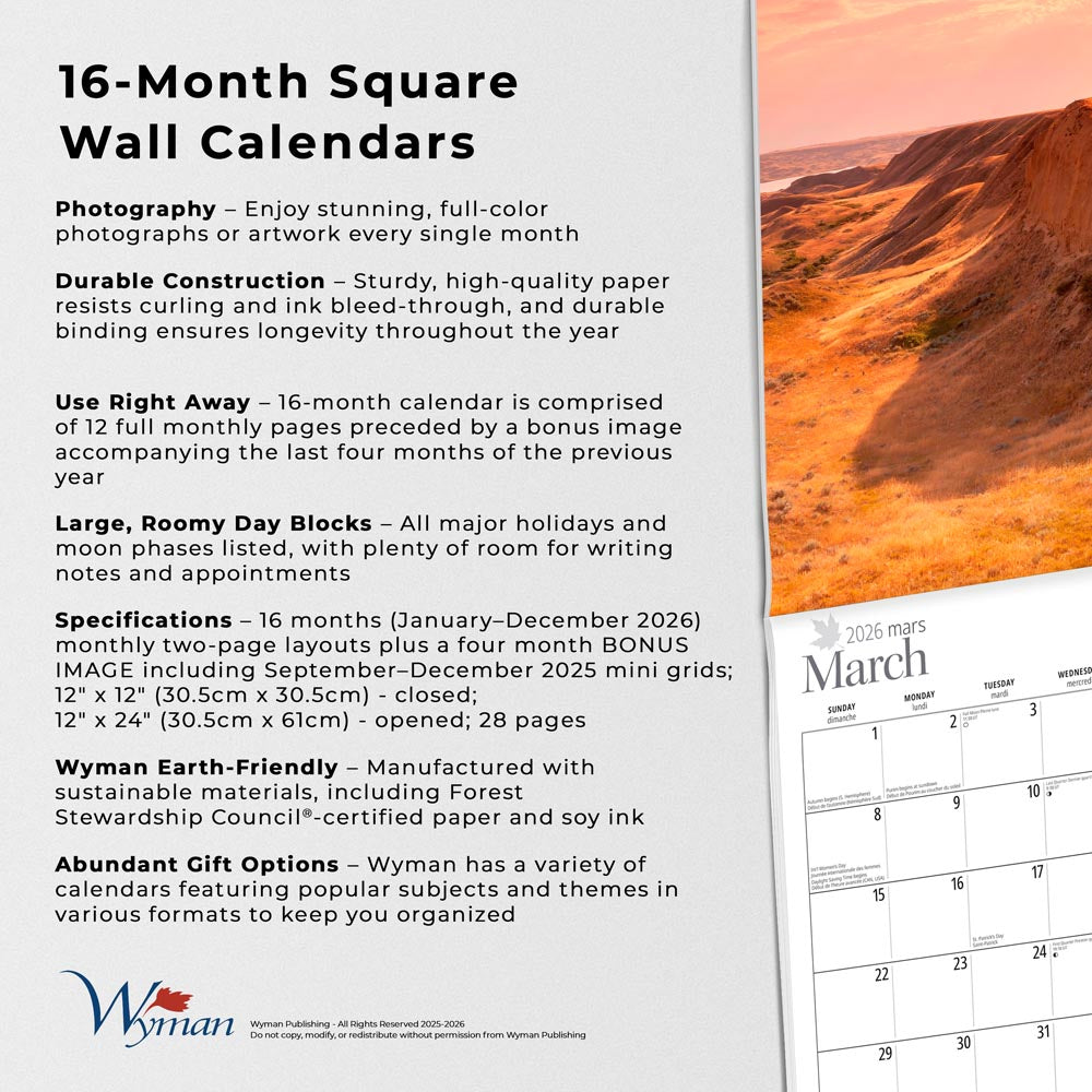 Saskatchewan | 2026 12 x 24 Inch (Hanging) Monthly Square Wall Calendar