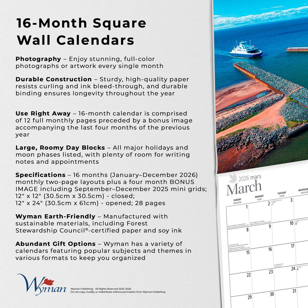 Prince Edward Island | 2026 12 x 24 Inch (Hanging) Monthly Square Wall Calendar