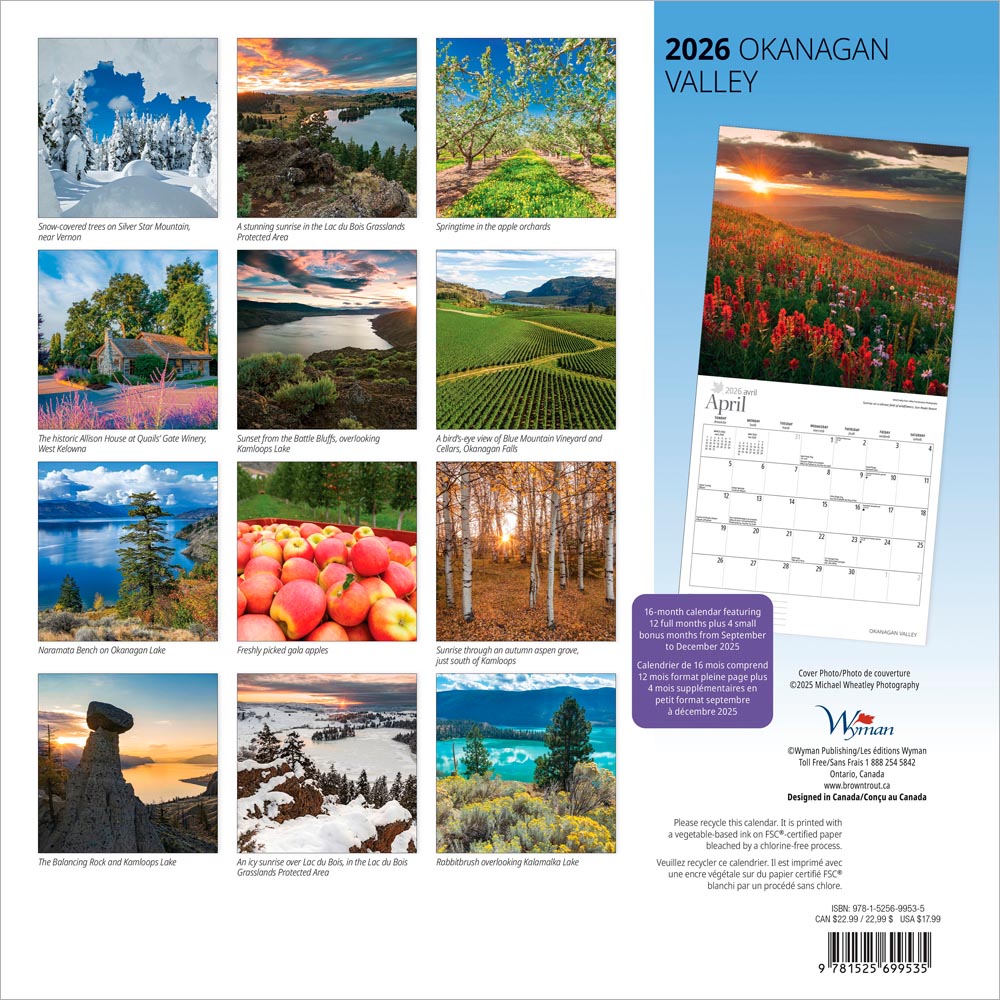 Okanagan Valley | 2026 12 x 24 Inch (Hanging) Monthly Square Wall Calendar