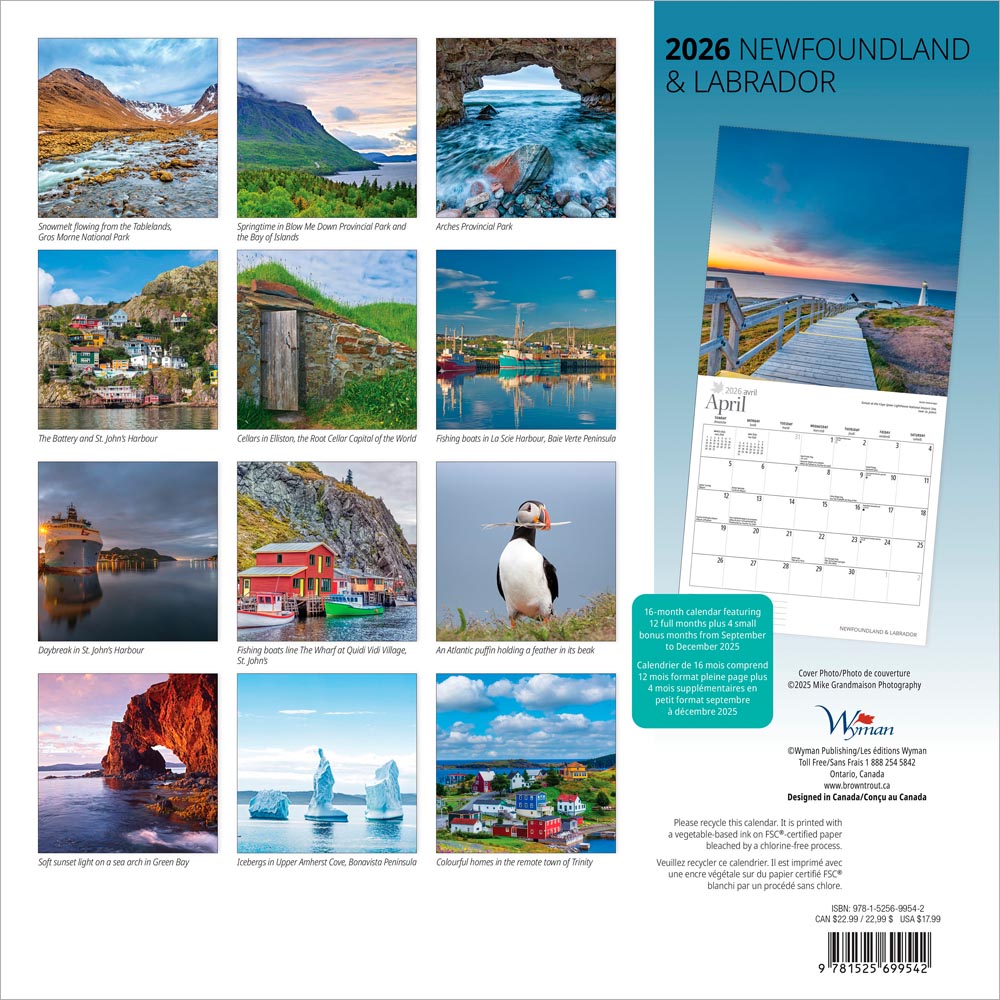 Newfoundland & Labrador | 2026 12 x 24 Inch (Hanging) Monthly Square Wall Calendar