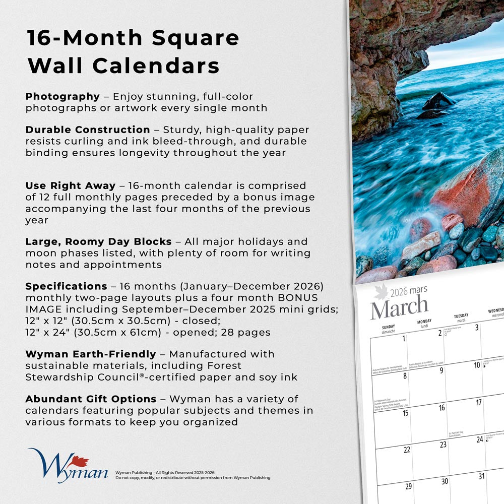 Newfoundland & Labrador | 2026 12 x 24 Inch (Hanging) Monthly Square Wall Calendar