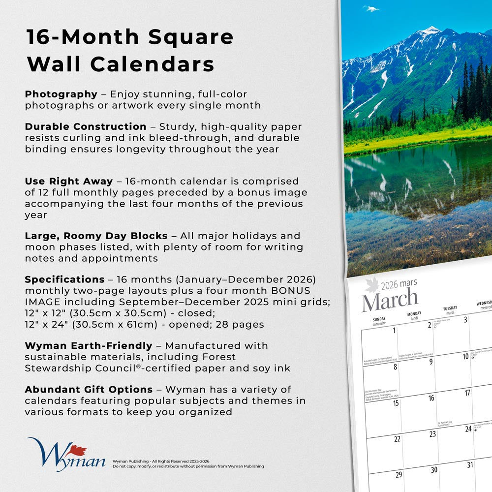 British Columbia | 2026 12 x 24 Inch (Hanging) Monthly Square Wall Calendar
