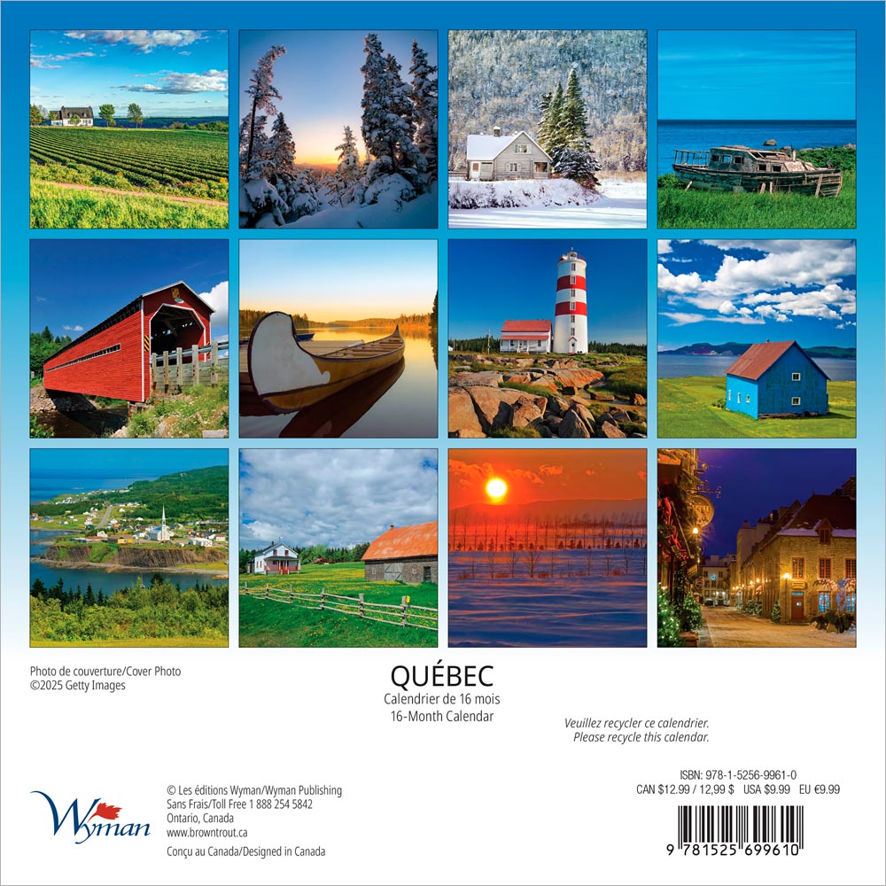 Quebec | 2026 7 x 14 Inch (Hanging) Monthly Mini Wall Calendar | English/French Bilingual