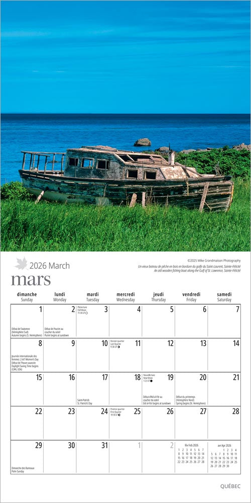 Quebec | 2026 7 x 14 Inch (Hanging) Monthly Mini Wall Calendar | English/French Bilingual