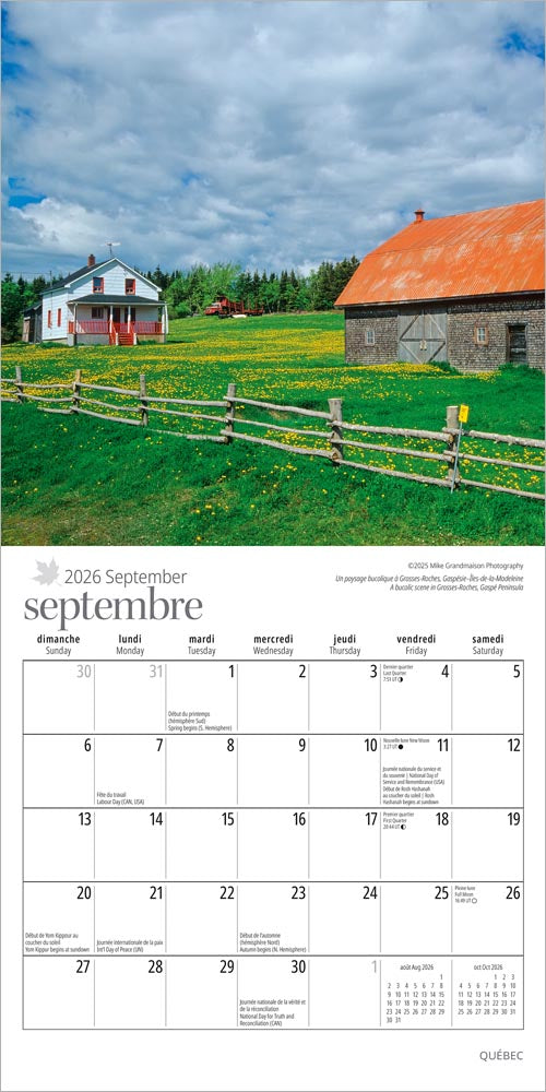 Quebec | 2026 7 x 14 Inch (Hanging) Monthly Mini Wall Calendar | English/French Bilingual