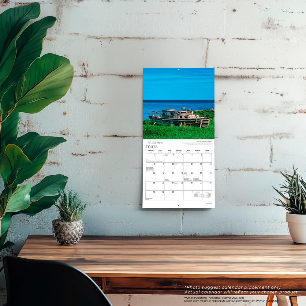 Quebec | 2026 7 x 14 Inch (Hanging) Monthly Mini Wall Calendar | English/French Bilingual