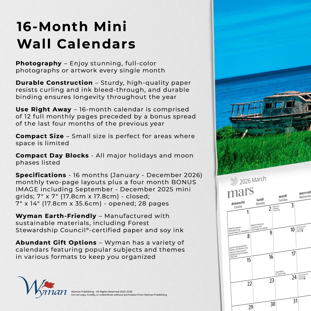 Quebec | 2026 7 x 14 Inch (Hanging) Monthly Mini Wall Calendar | English/French Bilingual