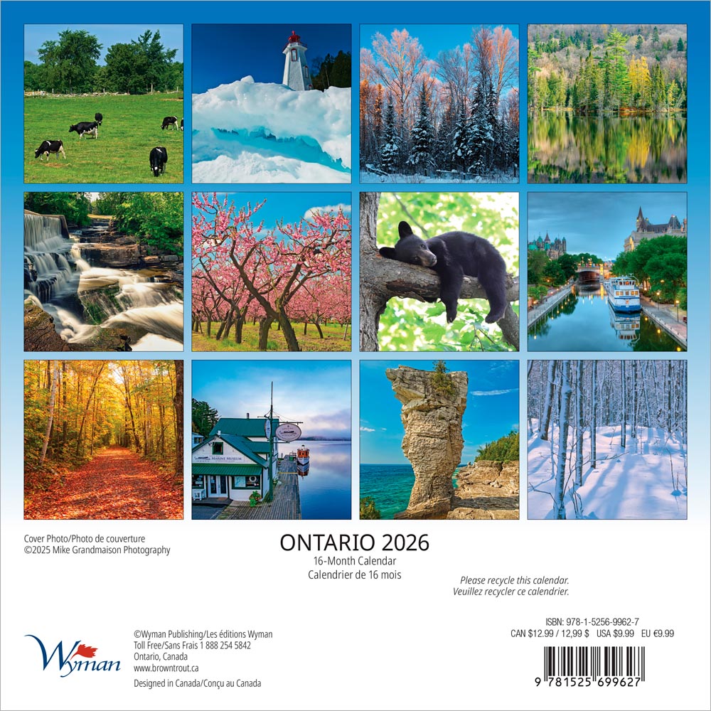 Ontario | 2026 7 x 14 Inch (Hanging) Monthly Mini Wall Calendar | English/French Bilingual