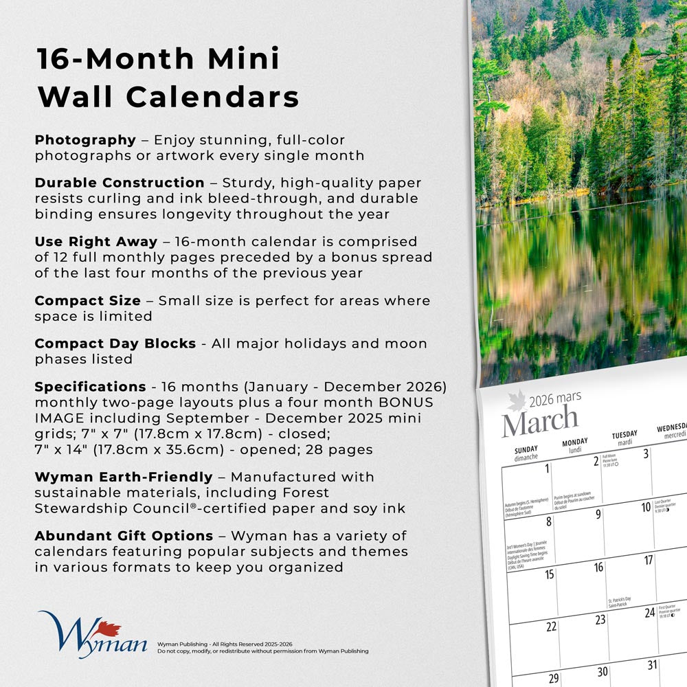 Ontario | 2026 7 x 14 Inch (Hanging) Monthly Mini Wall Calendar | English/French Bilingual