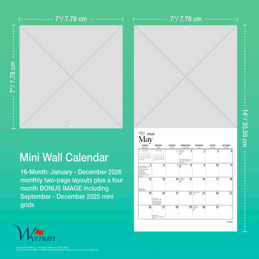 Ontario | 2026 7 x 14 Inch (Hanging) Monthly Mini Wall Calendar | English/French Bilingual