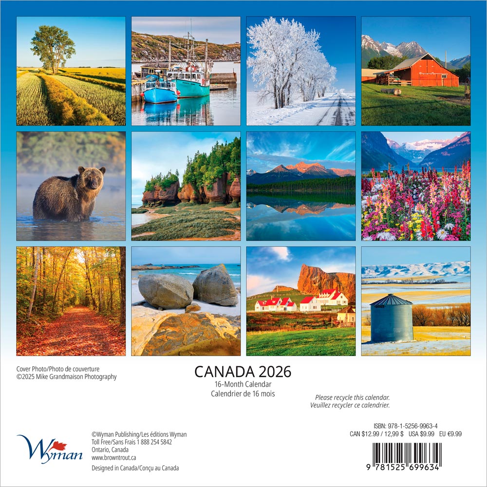 Canada | 2026 7 x 14 Inch (Hanging) Monthly Mini Wall Calendar | English/French Bilingual