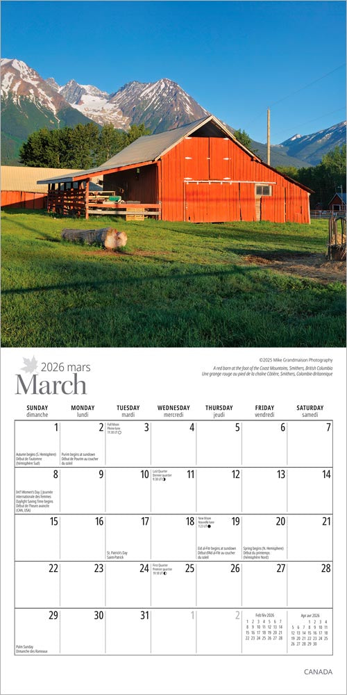 Canada | 2026 7 x 14 Inch (Hanging) Monthly Mini Wall Calendar | English/French Bilingual