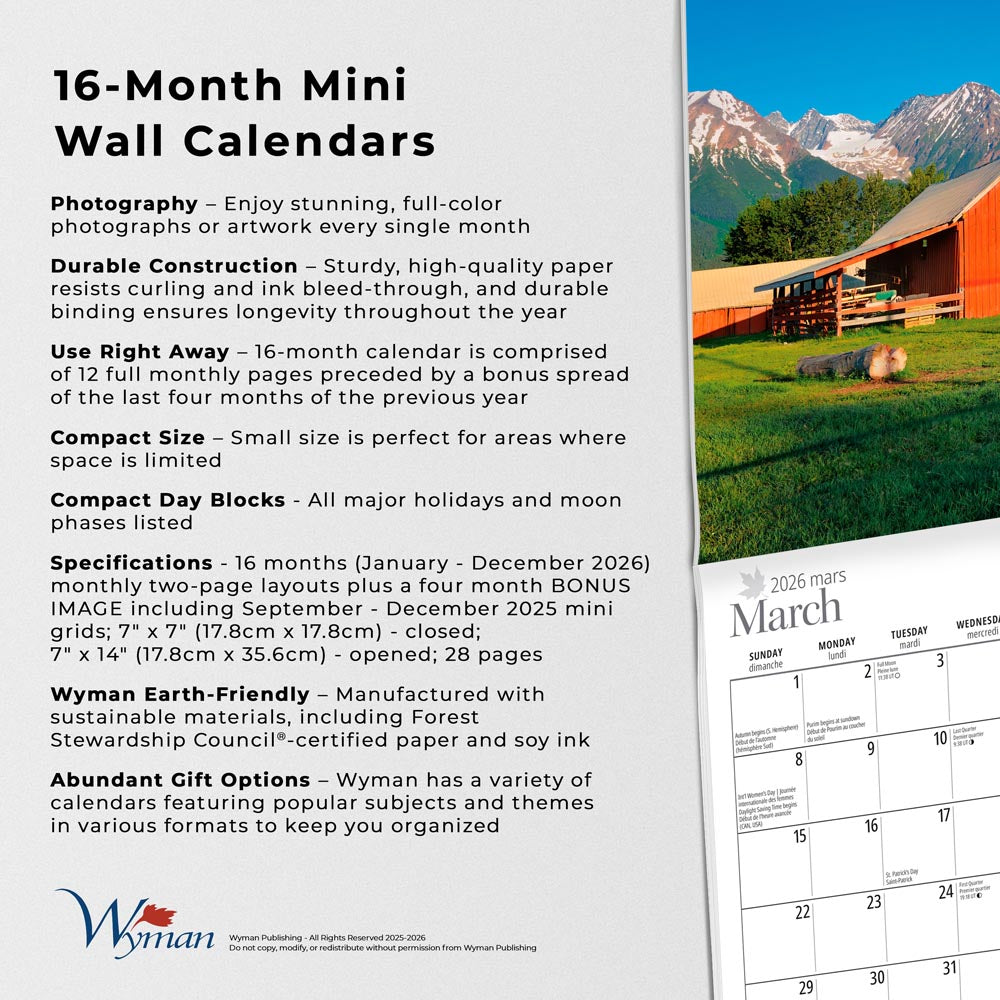 Canada | 2026 7 x 14 Inch (Hanging) Monthly Mini Wall Calendar | English/French Bilingual