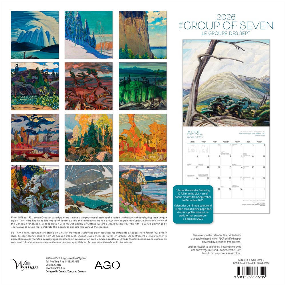 The Group of Seven AGO OFFICIAL | 2026 12 x 24 Inch (Hanging) Monthly Square Wall Calendar | English/French Bilingual