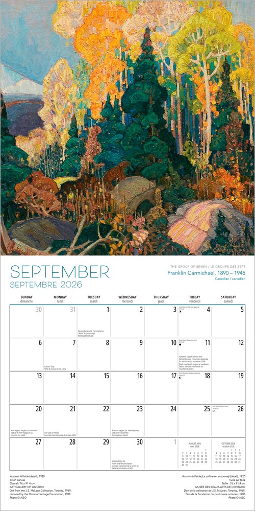 The Group of Seven AGO OFFICIAL | 2026 12 x 24 Inch (Hanging) Monthly Square Wall Calendar | English/French Bilingual
