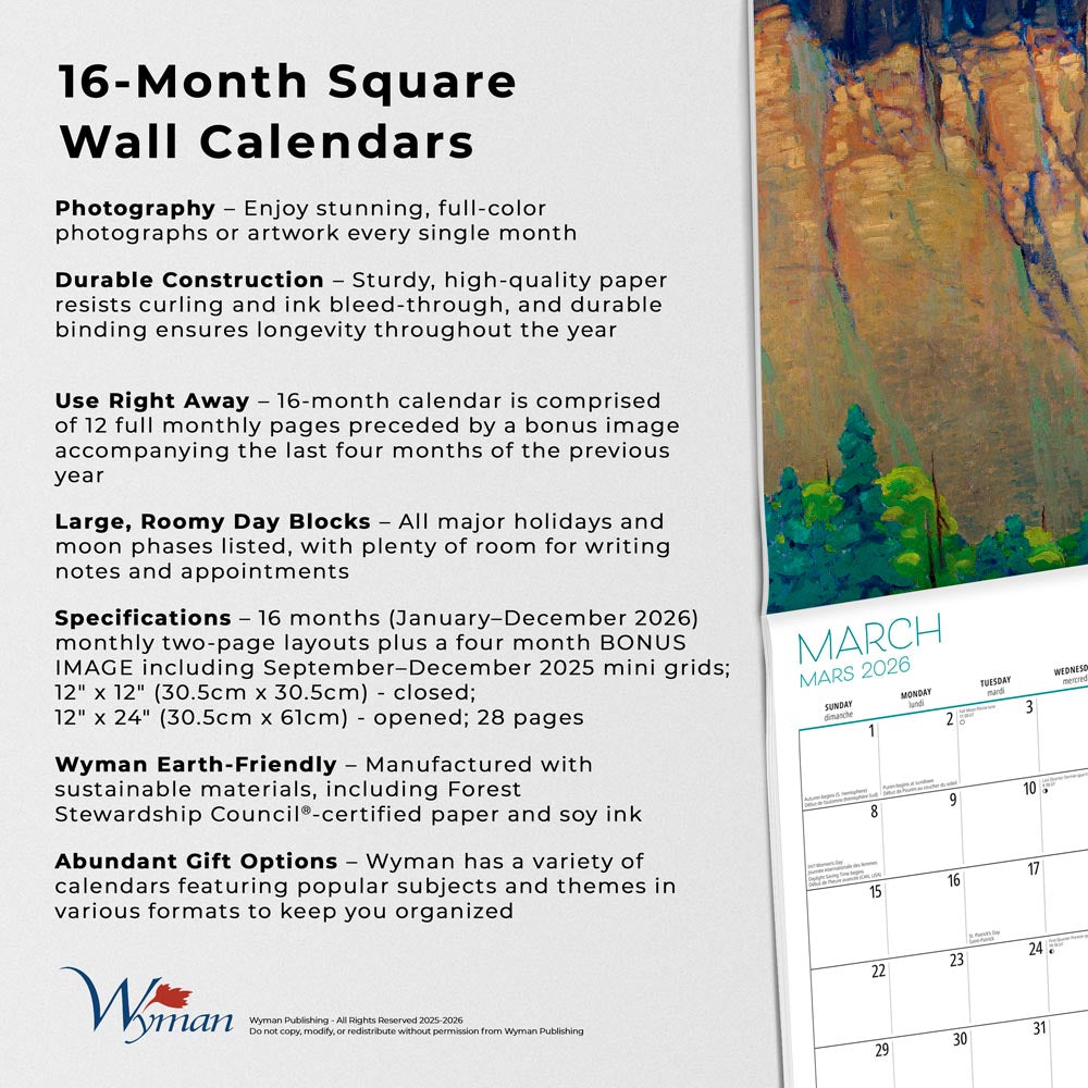 The Group of Seven AGO OFFICIAL | 2026 12 x 24 Inch (Hanging) Monthly Square Wall Calendar | English/French Bilingual