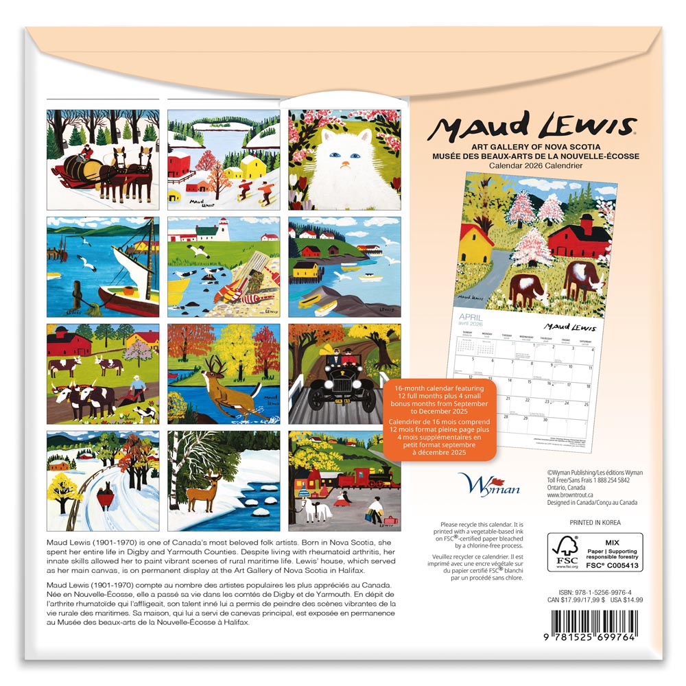 Maud Lewis AGNS OFFICIAL | 2026 8.5 x 8.5 Inch Monthly Medium Wall Calendar | Envelope | English/French Bilingual