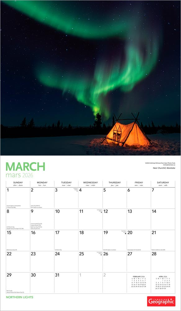 Canadian Geographic Northern Lights OFFICIAL | 2026 14 x 24 Inch (Hanging) Monthly Deluxe Wall Calendar | Foil Stamped Cover and Envelope