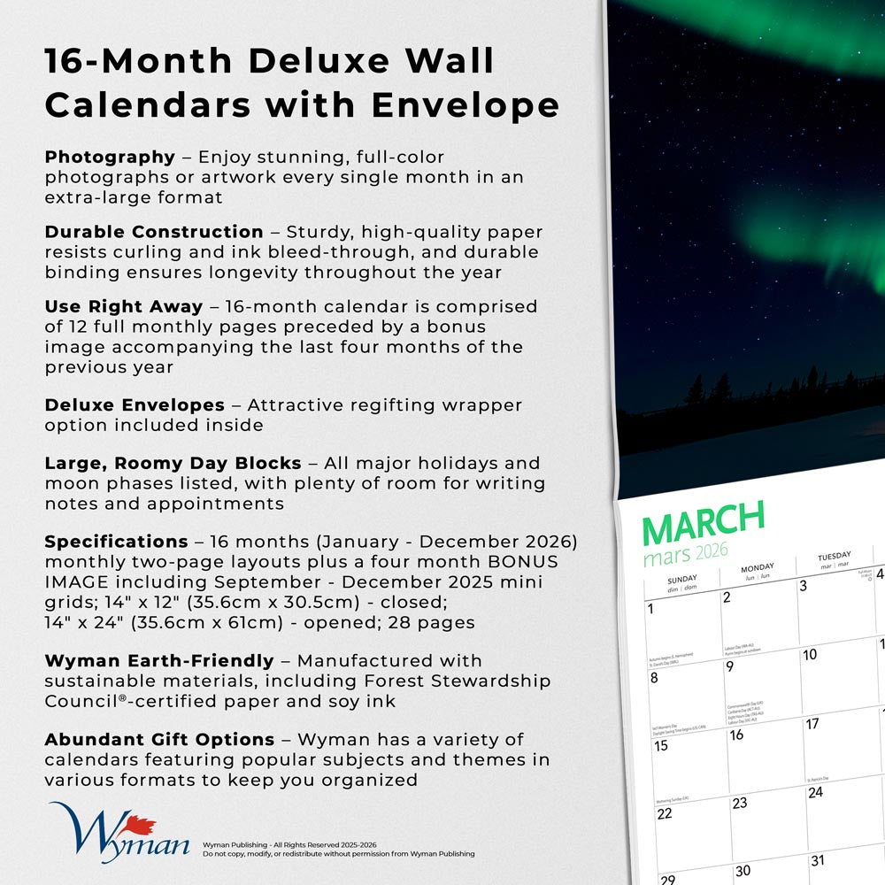 Canadian Geographic Northern Lights OFFICIAL | 2026 14 x 24 Inch (Hanging) Monthly Deluxe Wall Calendar | Foil Stamped Cover and Envelope