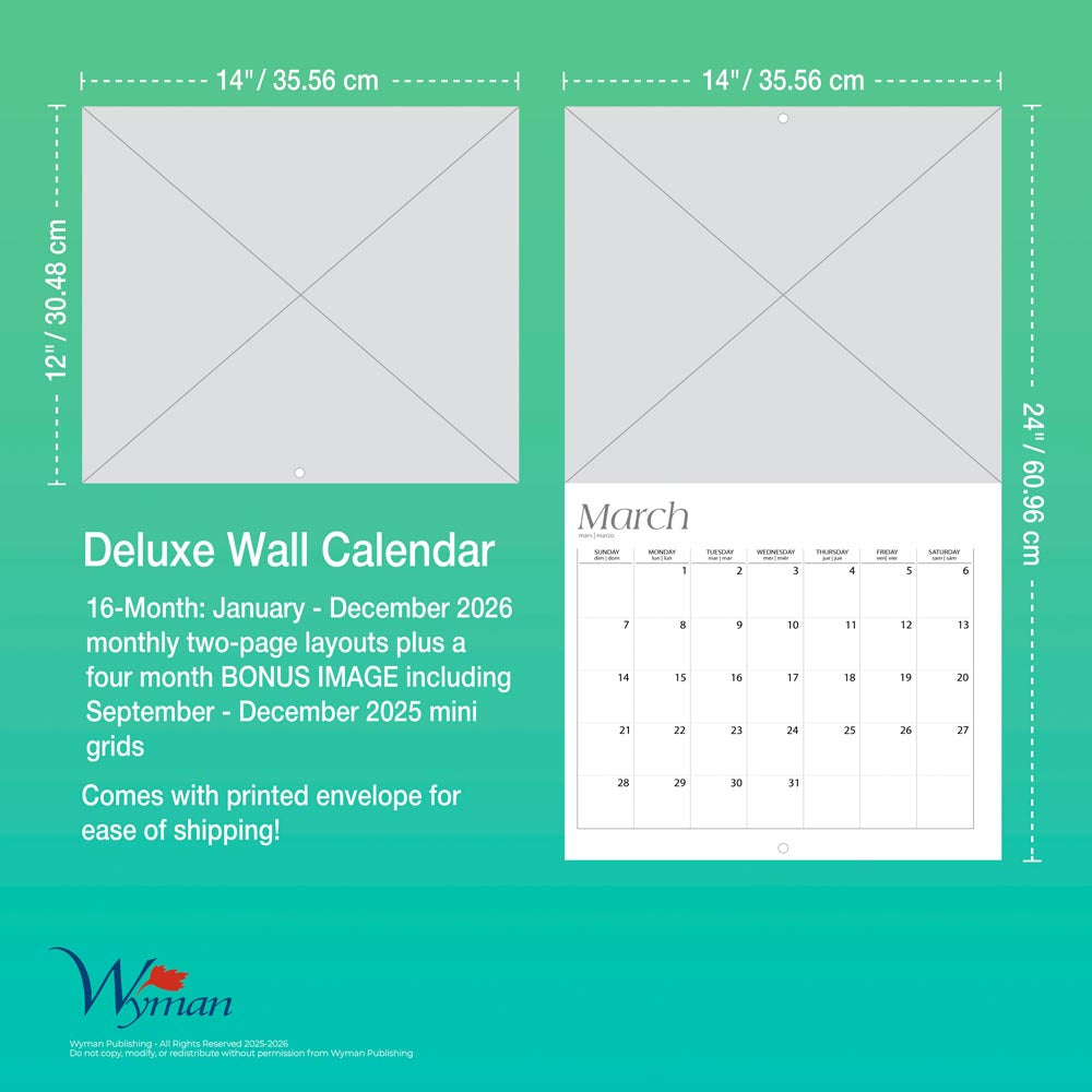 Canadian Geographic Northern Lights OFFICIAL | 2026 14 x 24 Inch (Hanging) Monthly Deluxe Wall Calendar | Foil Stamped Cover and Envelope