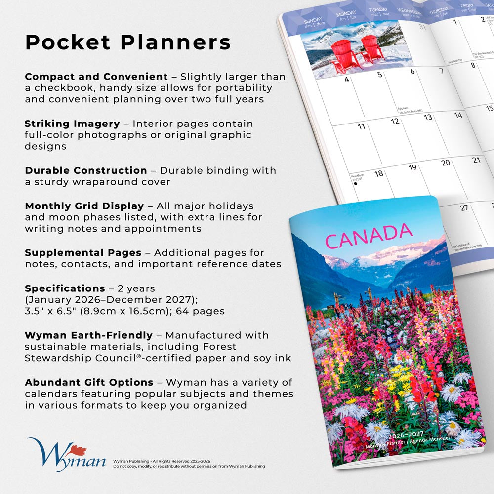 Canada | 2026-2027 3.5 x 6.5 Inch Two Year Monthly Pocket Planner Calendar | English/French Bilingual