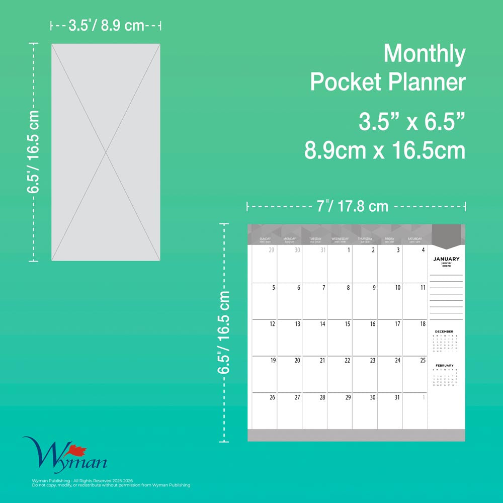 Canada | 2026-2027 3.5 x 6.5 Inch Two Year Monthly Pocket Planner Calendar | English/French Bilingual