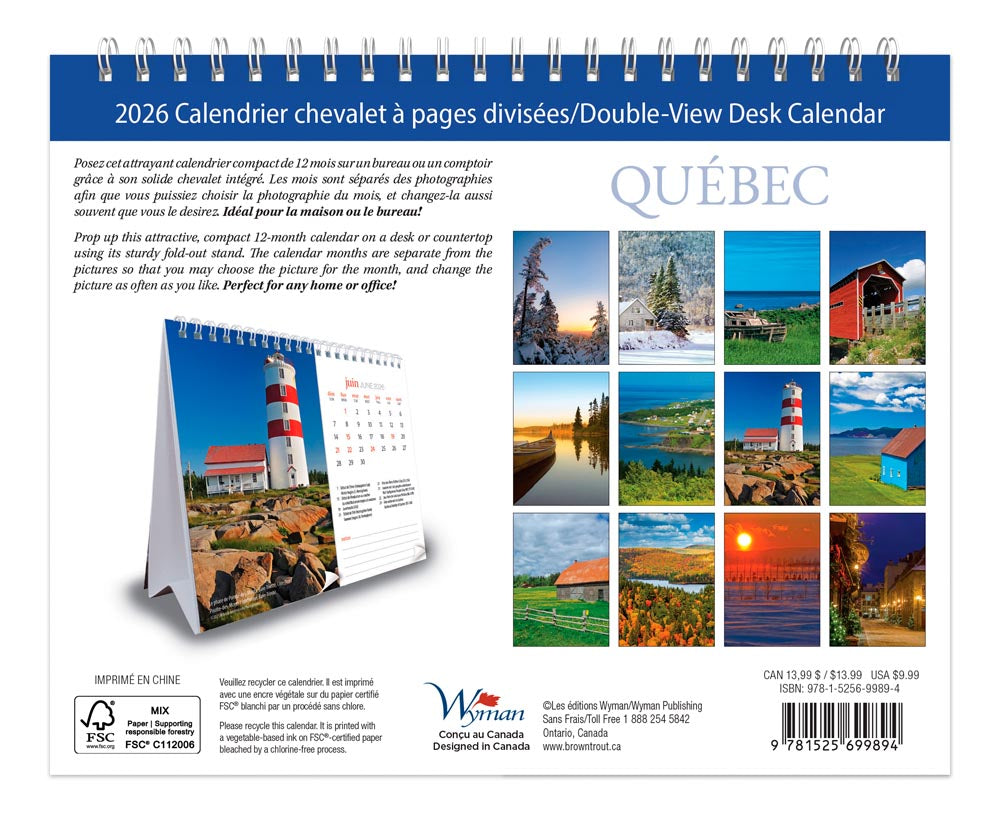 Quebec | 2026 7.5 x 6 Inch Monthly Double-View Easel Desk Calendar | French Language