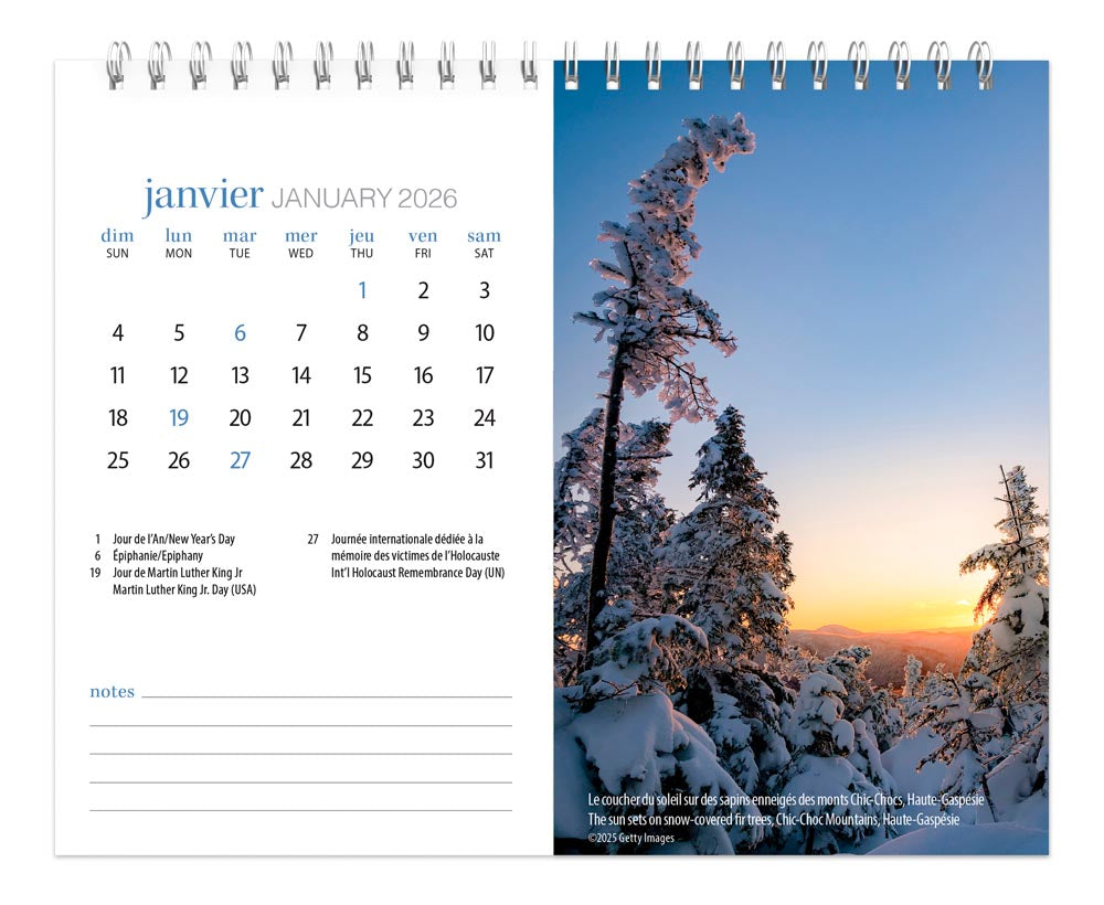 Quebec | 2026 7.5 x 6 Inch Monthly Double-View Easel Desk Calendar | French Language