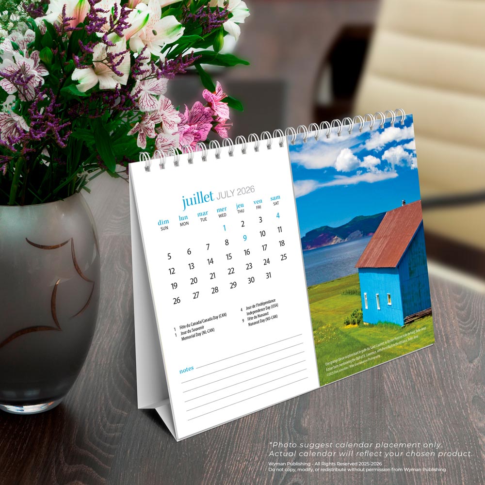 Quebec | 2026 7.5 x 6 Inch Monthly Double-View Easel Desk Calendar | French Language