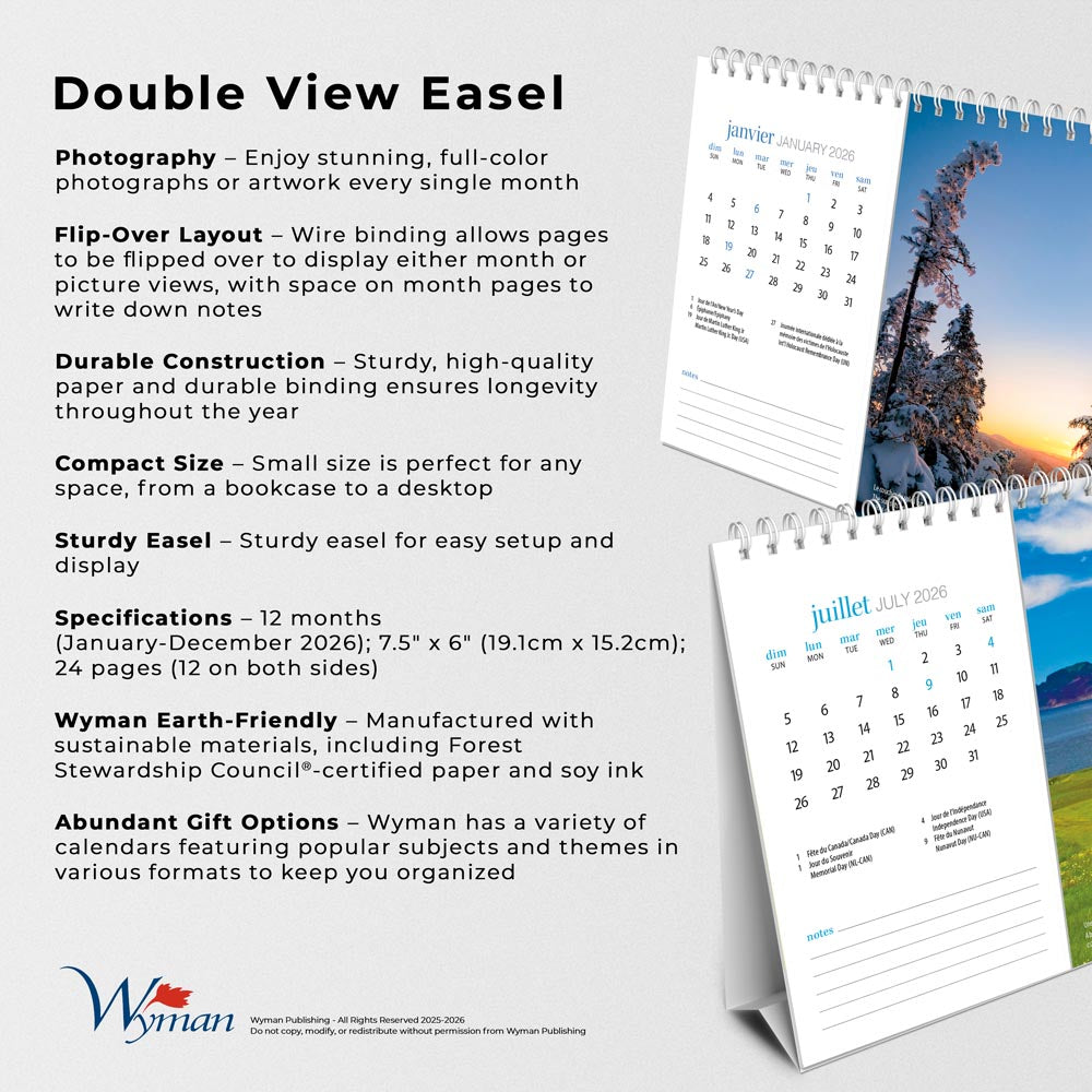 Quebec | 2026 7.5 x 6 Inch Monthly Double-View Easel Desk Calendar | French Language
