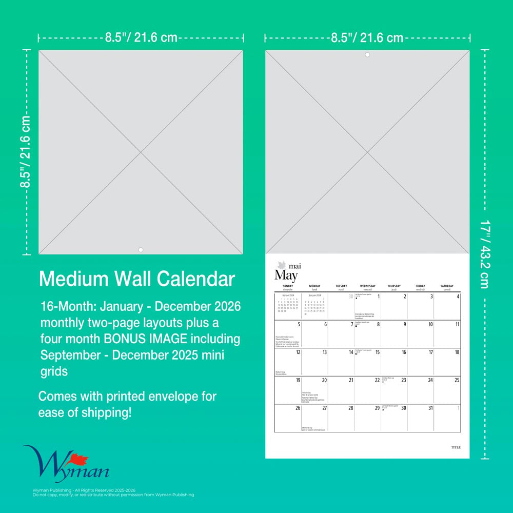 Canadian Geographic Scenes OFFICIAL | 2026 8.5 x 8.5 Inch Monthly Medium Wall Calendar | Envelope