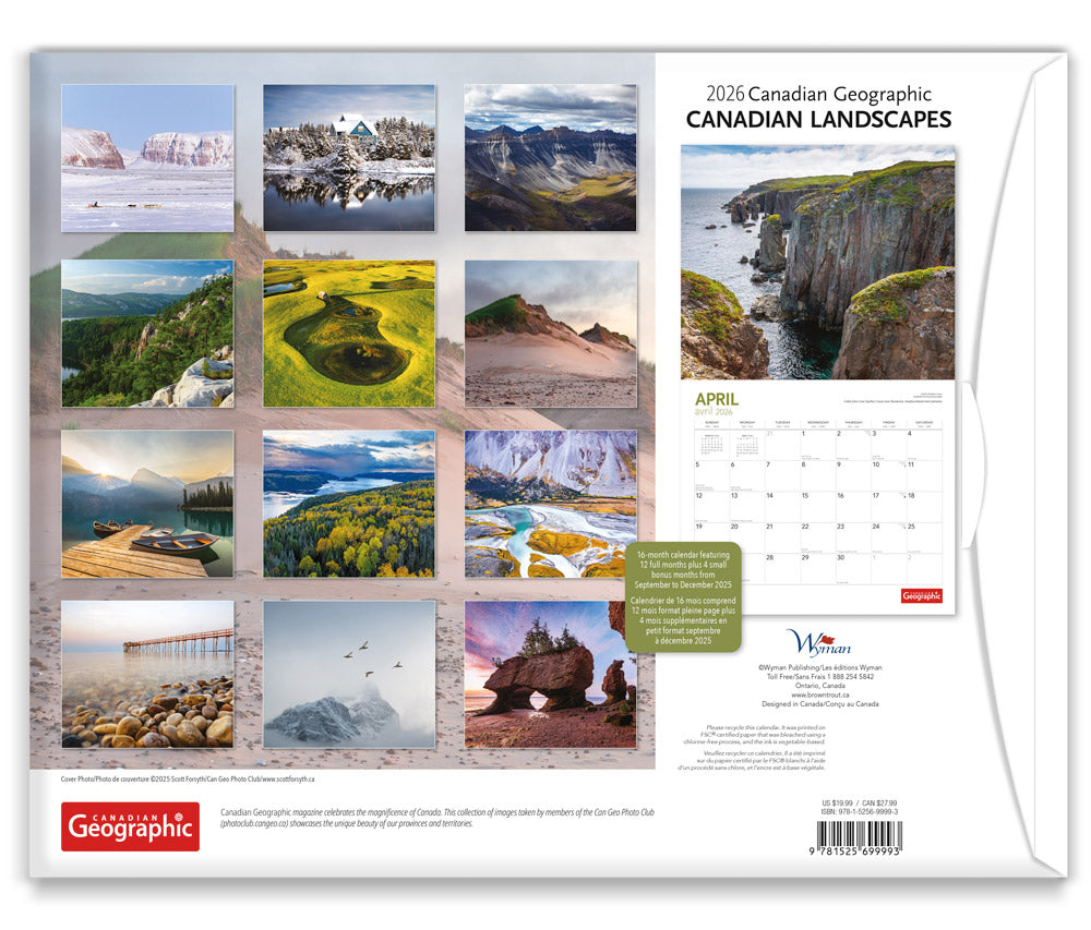 Canadian Geographic Landscapes OFFICIAL | 2026 14 x 24 Inch (Hanging) Monthly Deluxe Wall Calendar | Envelope