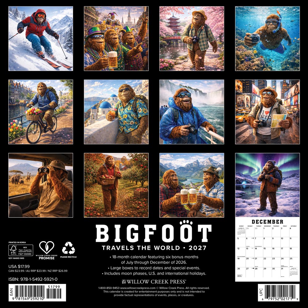 Bigfoot Travels the World 2027 Wall Calendar