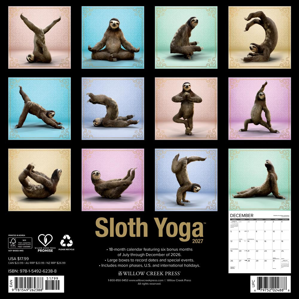 Sloth Yoga 2027 Wall Calendar