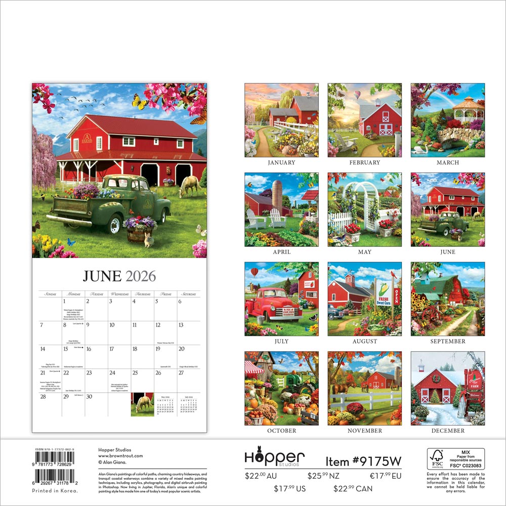 A Country Walk | 2026 12 x 24 Inch (Hanging) Monthly Square Wall Calendar | Featuring the Artwork of Alan Giana