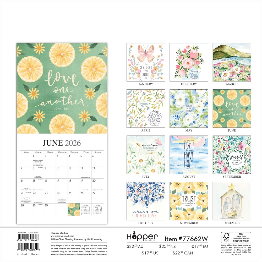Faith | 2026 12 x 24 Inch (Hanging) Monthly Square Wall Calendar | Featuring the Artwork of Blue Chair Blessing