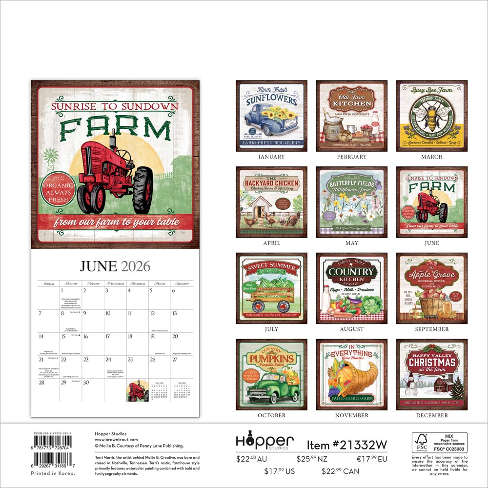 Farmer's Market | 2026 12 x 24 Inch (Hanging) Monthly Square Wall Calendar | Featuring the Artwork of Mollie B.