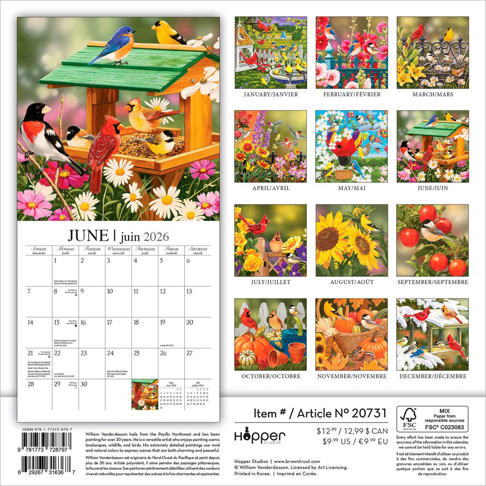 Feathered Friends | 2026 7 x 14 Inch (Hanging) Monthly Mini Wall Calendar | Featuring the Artwork of William Vanderdasson | English/French Bilingual