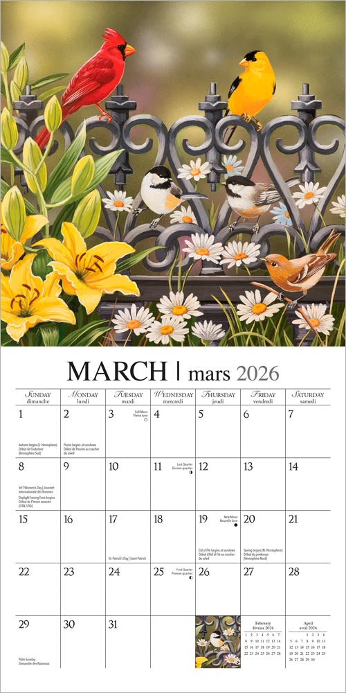 Feathered Friends | 2026 7 x 14 Inch (Hanging) Monthly Mini Wall Calendar | Featuring the Artwork of William Vanderdasson | English/French Bilingual