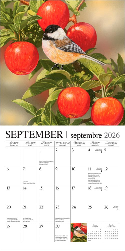 Feathered Friends | 2026 7 x 14 Inch (Hanging) Monthly Mini Wall Calendar | Featuring the Artwork of William Vanderdasson | English/French Bilingual