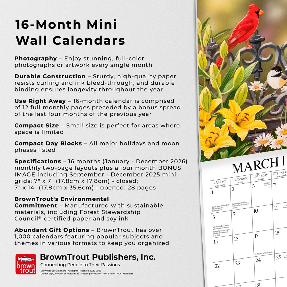 Feathered Friends | 2026 7 x 14 Inch (Hanging) Monthly Mini Wall Calendar | Featuring the Artwork of William Vanderdasson | English/French Bilingual