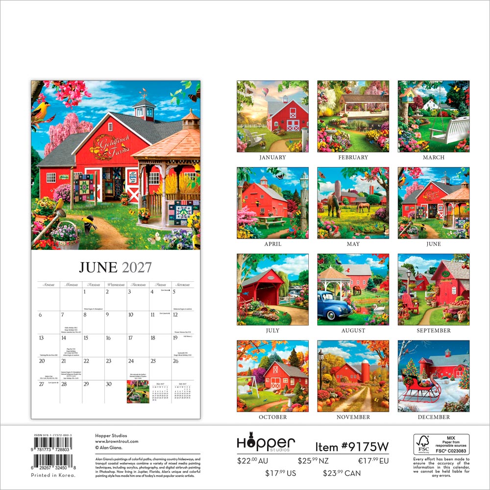 A Country Walk | 2027 12 x 24 Inch (Hanging) Monthly Square Wall Calendar | Featuring the Artwork of Alan Giana
