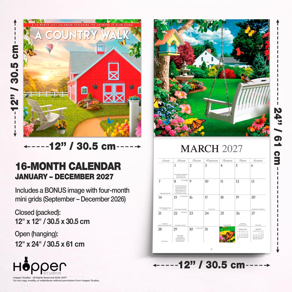 A Country Walk | 2027 12 x 24 Inch (Hanging) Monthly Square Wall Calendar | Featuring the Artwork of Alan Giana