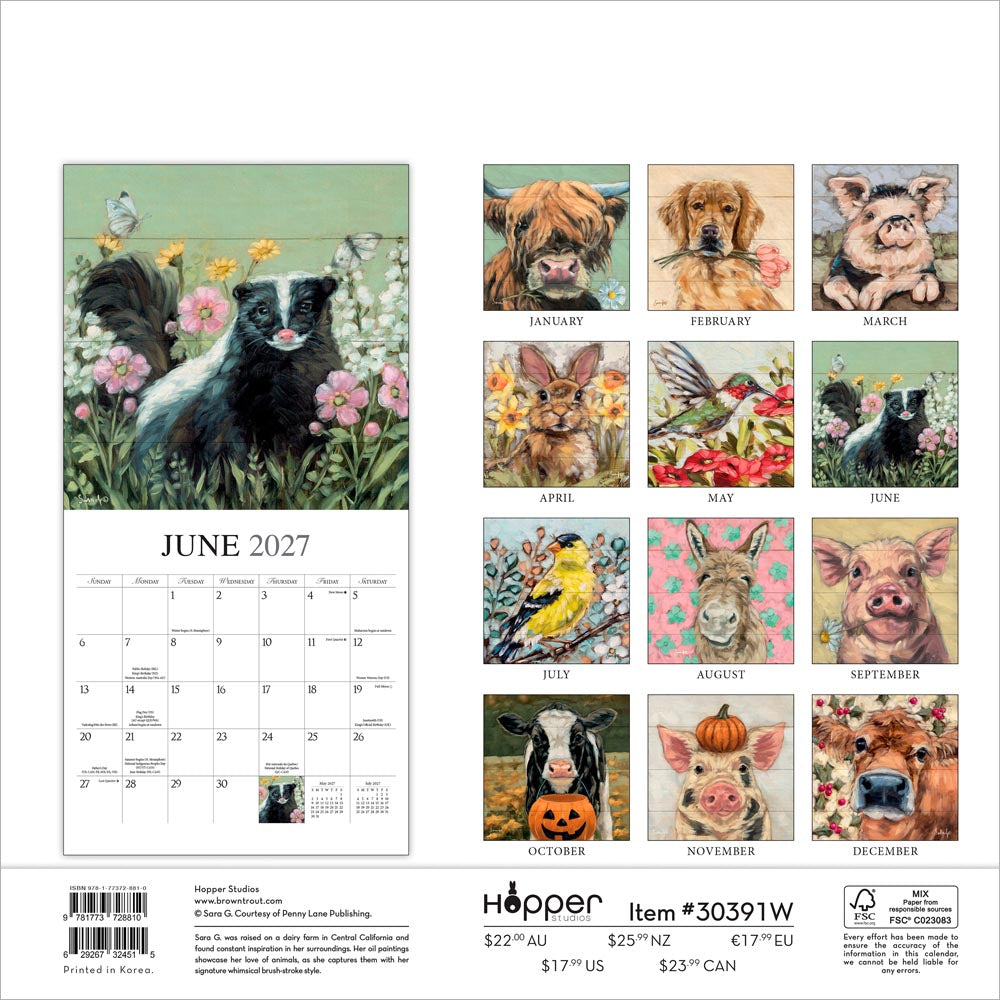 Barnyard Friends | 2027 12 x 24 Inch (Hanging) Monthly Square Wall Calendar | Featuring the Artwork of Sara G.