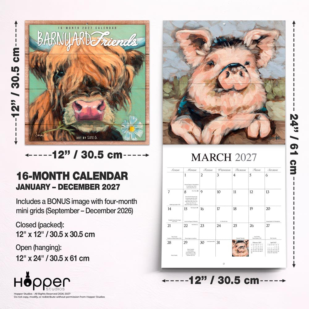 Barnyard Friends | 2027 12 x 24 Inch (Hanging) Monthly Square Wall Calendar | Featuring the Artwork of Sara G.