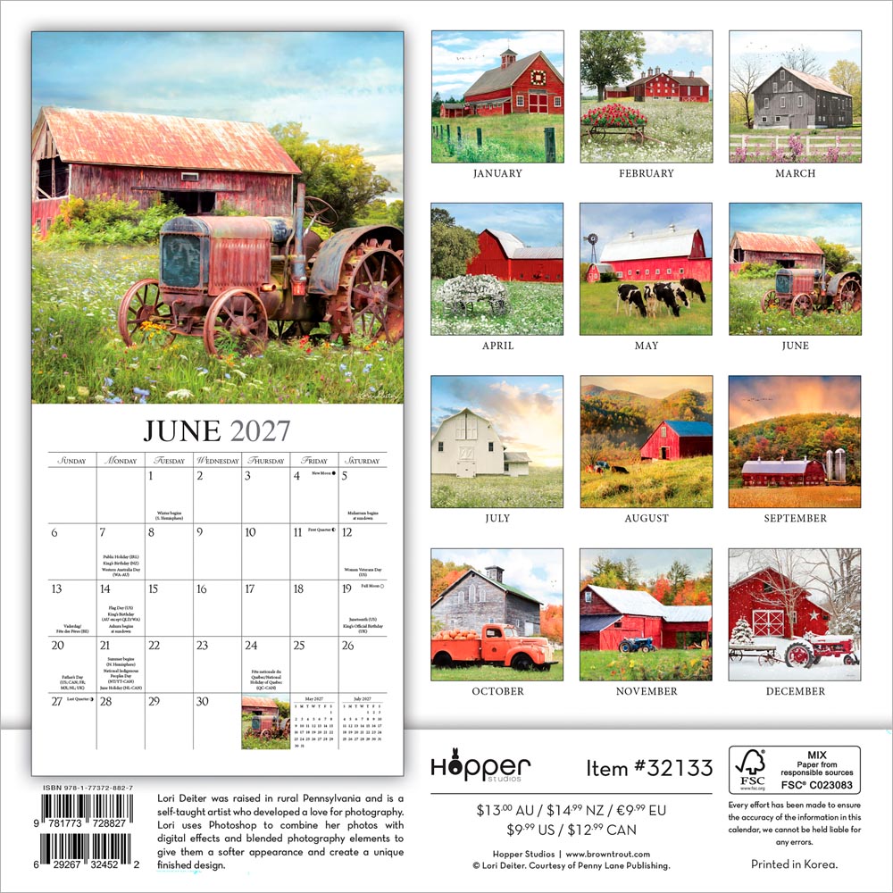 Beckoning Barns | 2027 7 x 14 Inch (Hanging) Monthly Mini Wall Calendar | Featuring the Artwork of Lori Deiter